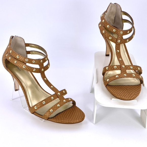 STYLE & COMPANY 9.5M LEVINE 3 INCH METALLIC CAMEL BROWN STUDDED STILETTOS - Picture 3 of 12